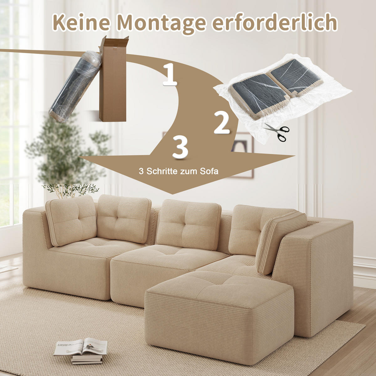 ECKSOFA 297/177/69 cm Beige Cord mit 1 Fußhocker - Beige, Textil (297/177cm) - Oxeza