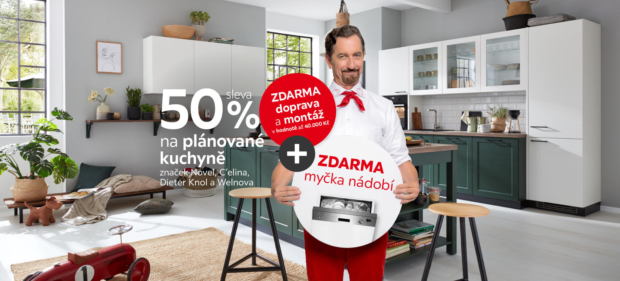 50 % na plánované kuchyně + myčka zdarma + doprava a montáž zdarma v hodnotě až 40 000 kč