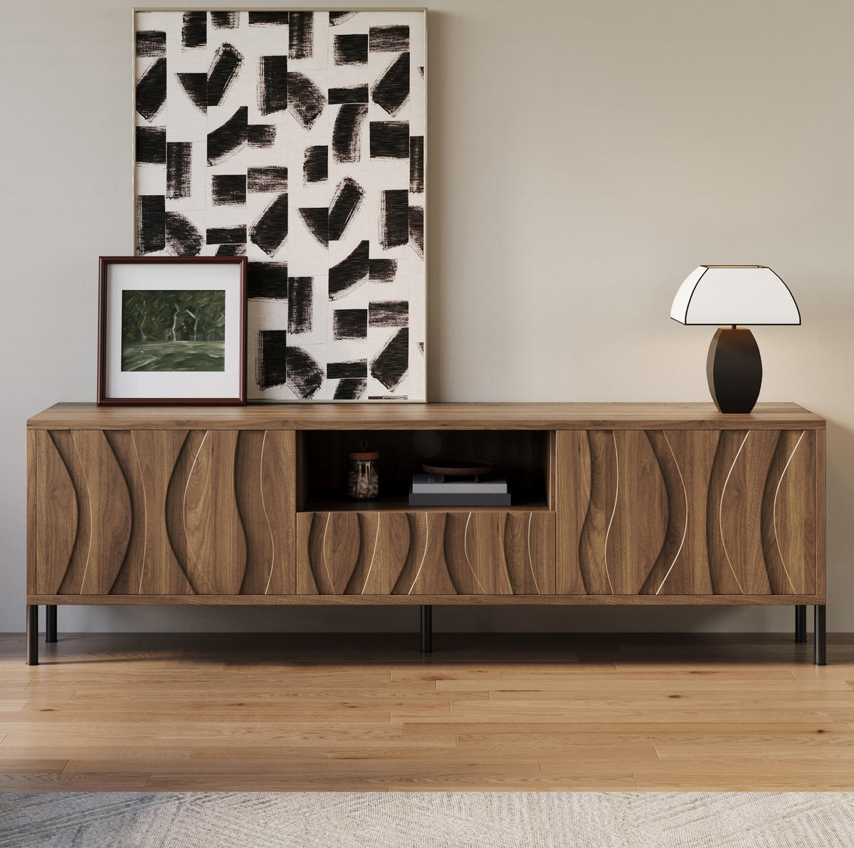 LOWBOARD 160/35/46 cm aus MDF mit wellenförmigen Türen Natur - Naturfarben, Holzwerkstoff (160/46/35cm) - Modenvie