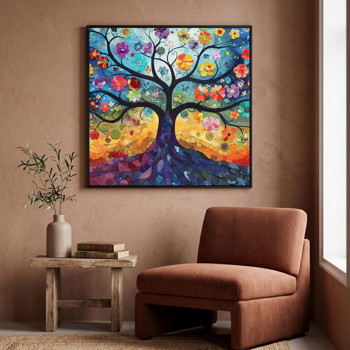 LEINWAND Bilder mit Rahmen - Kunst - Baum des Lebens - Blumen - Hippie - 90x90 - Dunkelblau, Textil (90/90cm) - MuchoWow