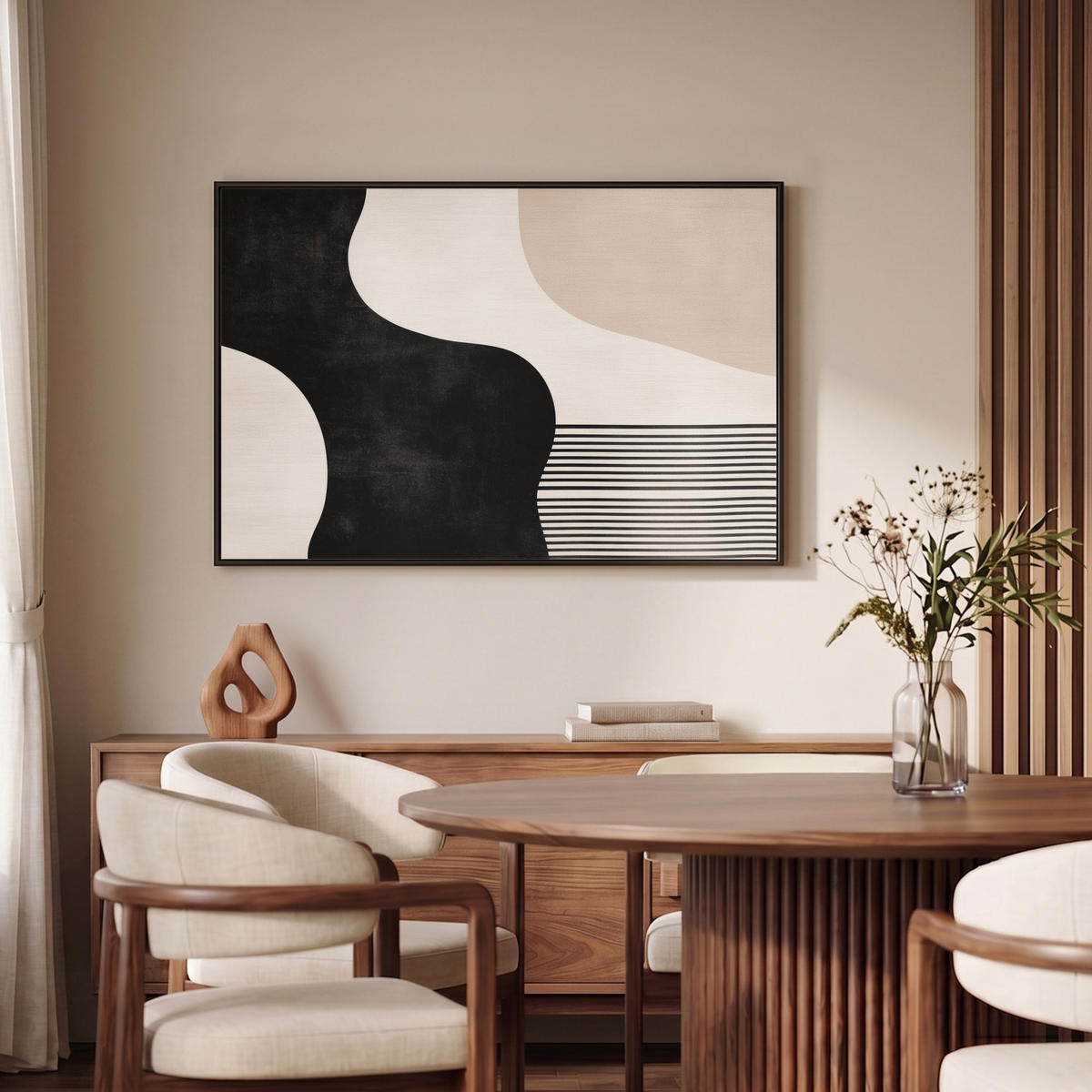 LEINWAND Bilder mit Rahmen - Abstrakt - Japandi - Beige - Modern - 90x60 - Schwarz, Textil (90/60cm) - MuchoWow