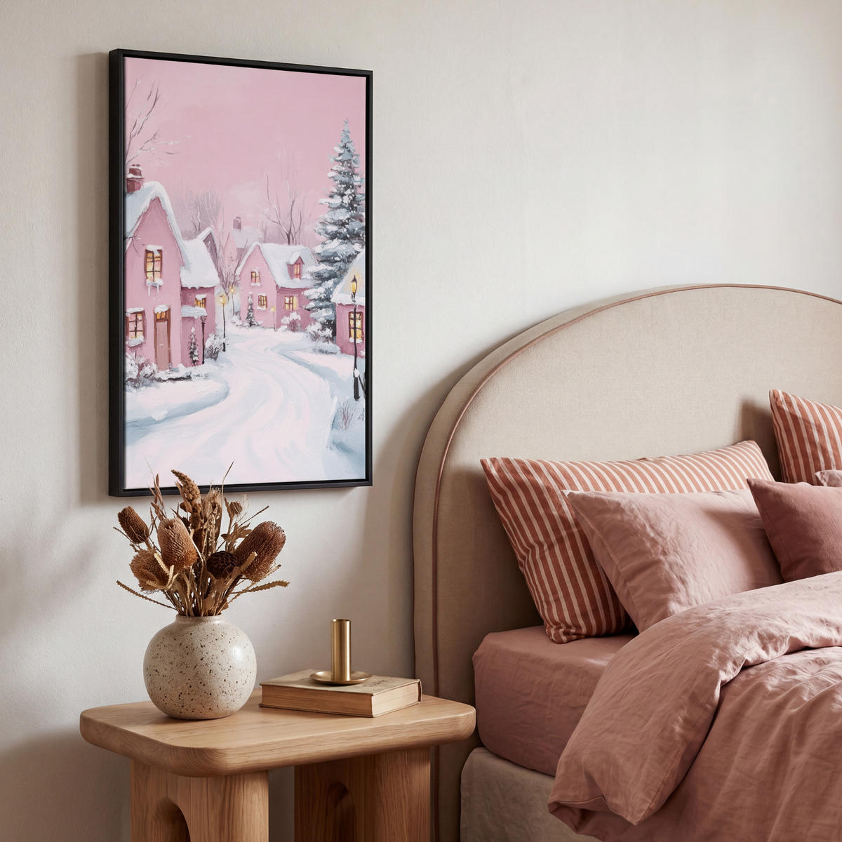 LEINWAND Bilder mit Rahmen - Weihnachtsdorf - Rosa - Winter - Schnee - Häuser - 40x60 - Altrosa, Textil (40/60cm) - MuchoWow