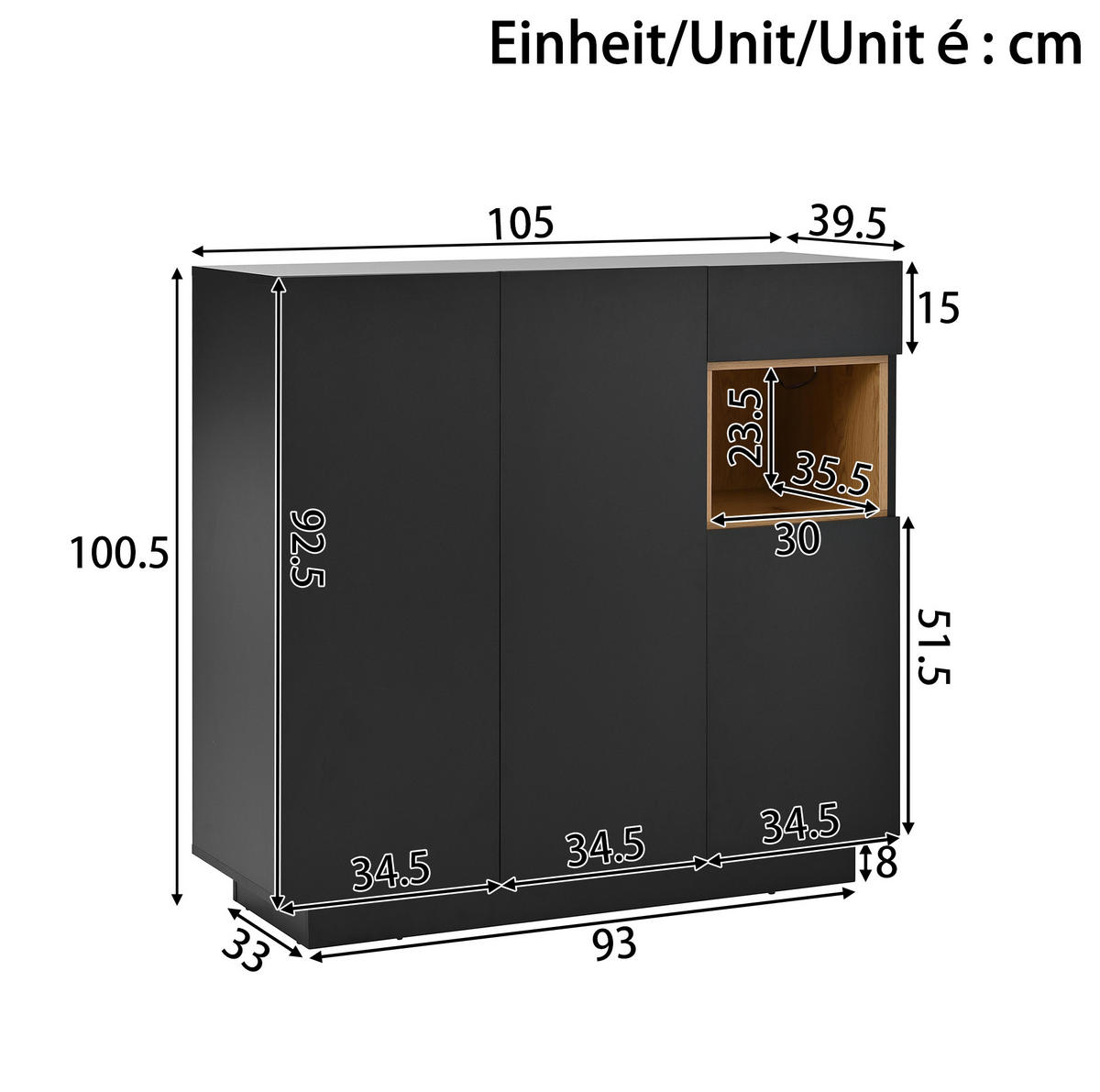 SCHUHSCHRANK 105/39,5/100,5 cm mit Schublade, LED-Beleuchtung und verstellbaren Böden - Schwarz, Holzwerkstoff (105/100/39cm) - BEAOK