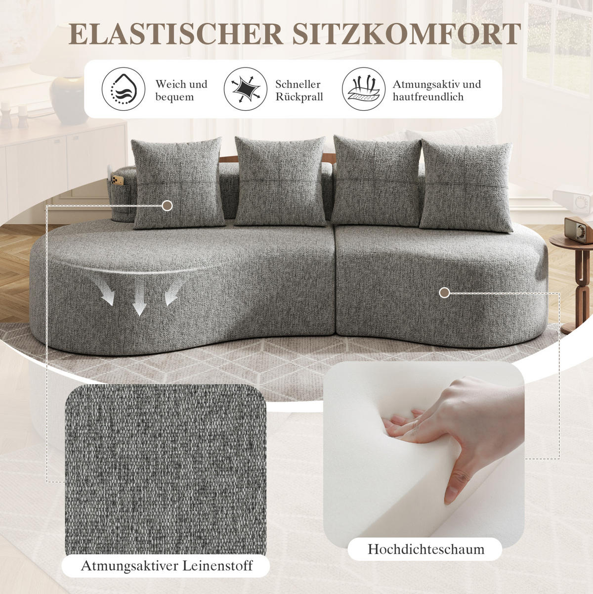 SOFA 240/109/60 cm aus Leinen mit 4 Kissen, Becherhaltern und Seitentaschen Hellgrau - Hellgrau, Textil (109/63/240cm) - Modenvie