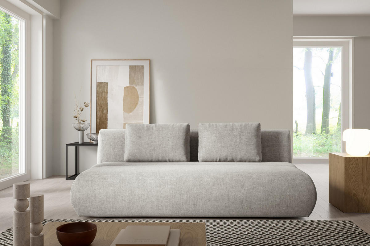 BETTSOFA ATOMO Beige Chenille-Stoff mit Schlaffunktion - Beige, Holz (217/82/134cm) - MASSENO