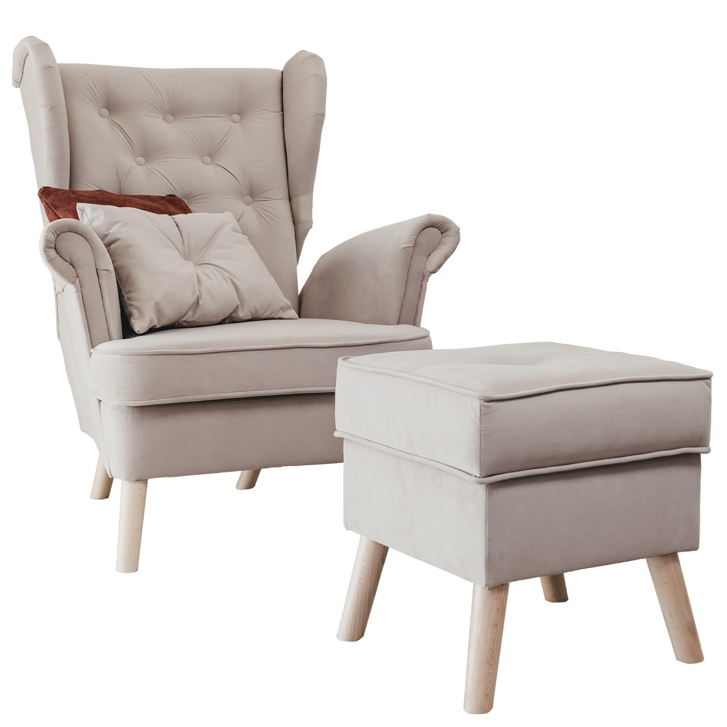 SESSEL mit Fußhocker Classic - Beige, Holz (92/107/80cm) - Idohome