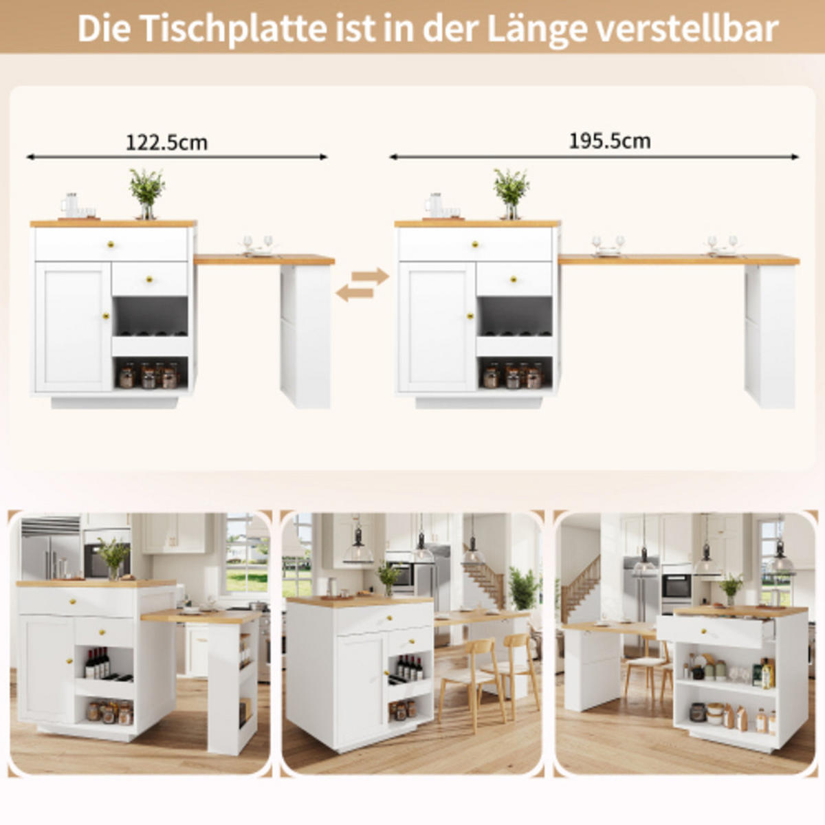 KÜCHENINSEL 122,5-195,5×70×93,8 cm aus MDF und Metall mit ausziehbarer Tischplatte und vielfältigem Stauraum, weiß - Weiß, Holzwerkstoff (195.5/93.8/70cm) - Luhomfu