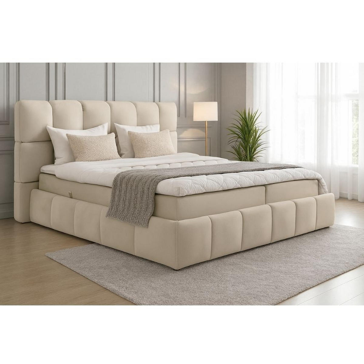 BOXBETT Anna mit Taschenfederkernmatratze und Topper, 140x200, Beige, Terra-Stoff - Beige, Holzwerkstoff/Kunststoff (140/200cm) - AN-Moebel 4u