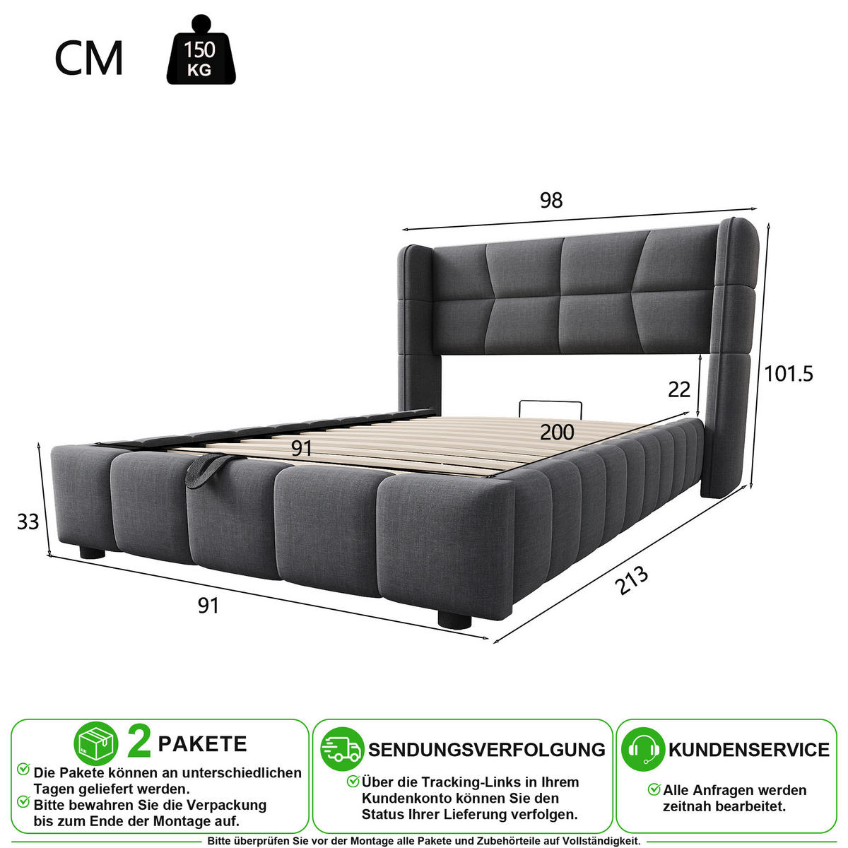 ČALOUNĚNÁ POSTEL 90/200 cm v šedé barvě s úložným prostorem - šedá, kov/kompozitní dřevo (90/200cm) - CHICFURN