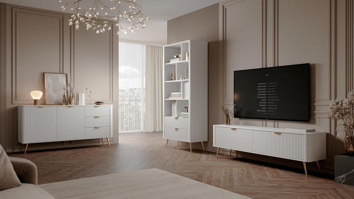 REGAL Vespasia 2S Beige 88,2/193,8/38 cm – Geriffelte Fronten - Goldfarben/Weiß, Holzwerkstoff/Metall (88.2/193.8/38cm) - AX Living