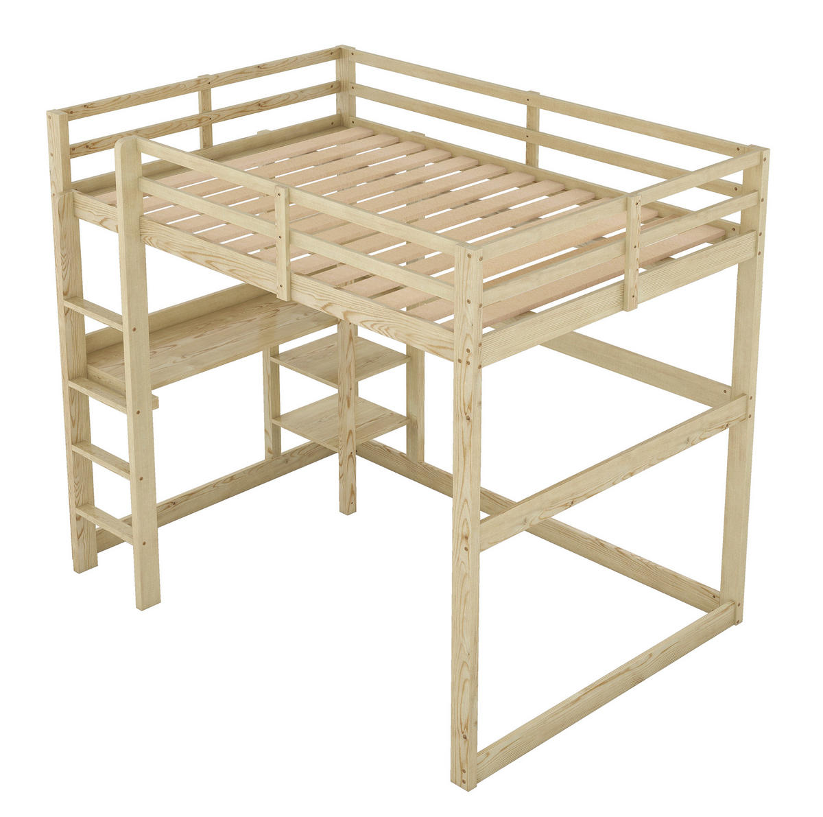 HOCHBETT 140/200 cm mit Schreibtisch, 4 Ablagefächern und Stauraum aus Kiefer , Natur - Naturfarben, Holzwerkstoff (140/200cm) - Redom