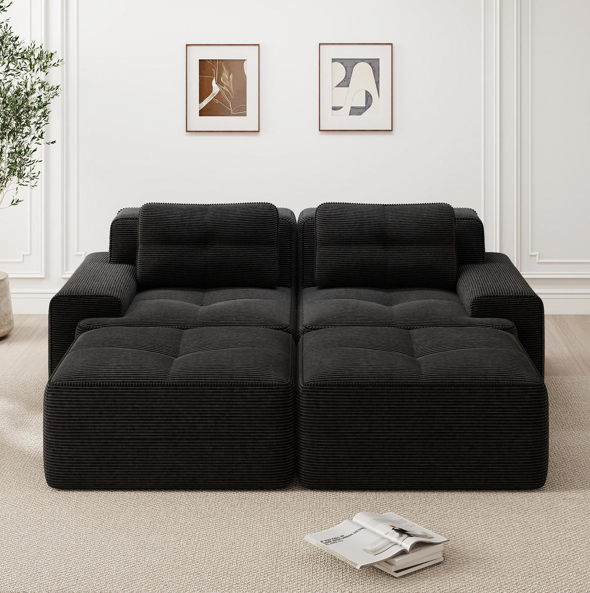 ECKSOFA 204/177/69 cm schwarz aus Cord mit 74 cm Tiefsitz - Schwarz, Textil (177/204cm) - OKWISH