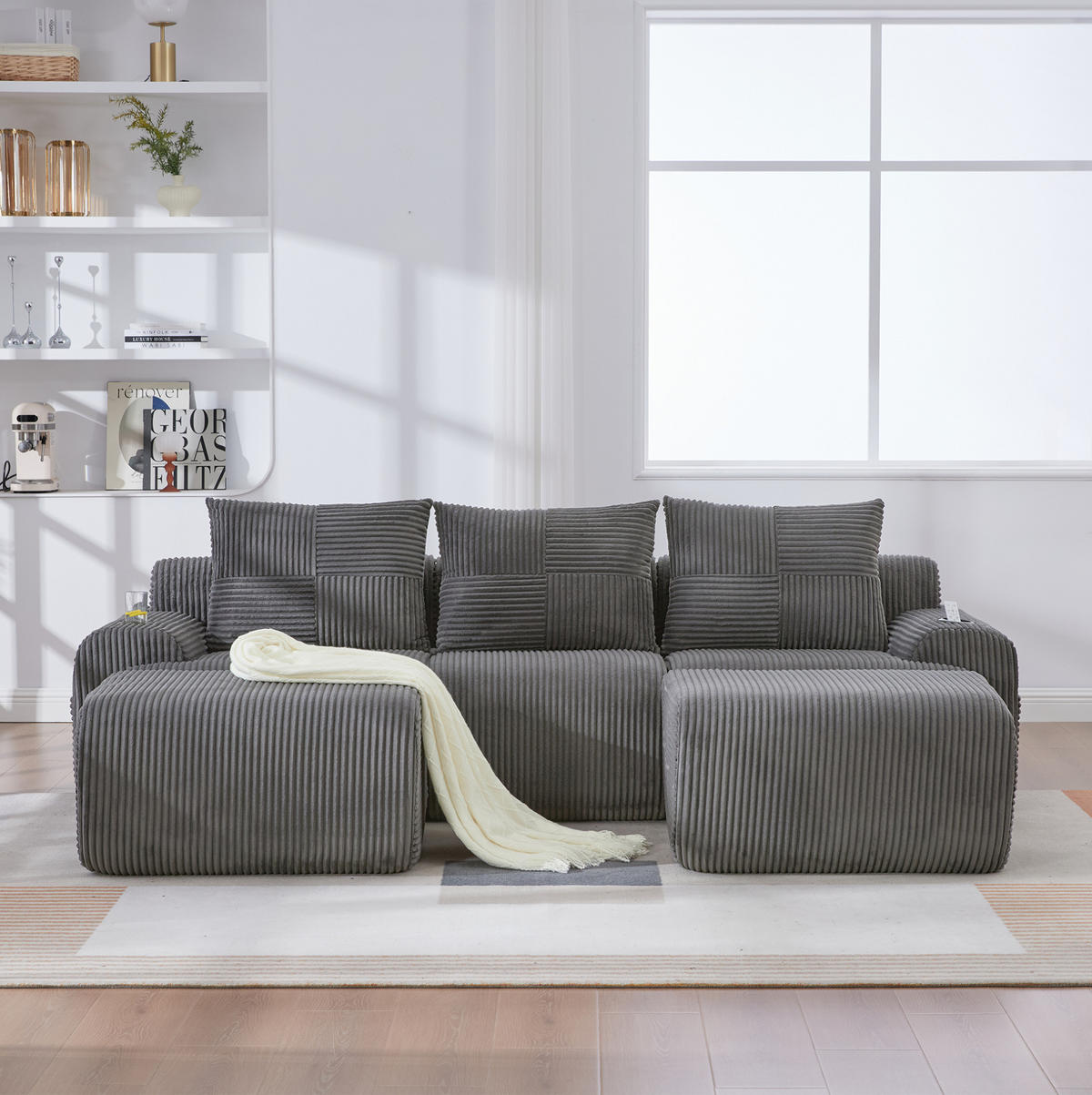 WOHNLANDSCHAFT 268/174/66 cm in Dunkelgrau, modular mit Cupholder und Seitentasche - Dunkelgrau, Textil (174/80/268cm) - Flora Grace