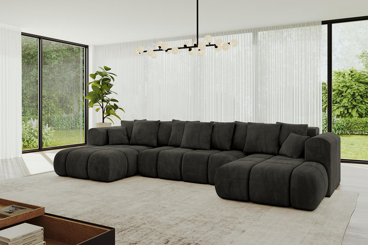 WOHNLANDSCHAFT Ottomane Links CLOUD-U-v1 414x180x40 Schwarz Velours - Schwarz, Holzwerkstoff/Kunststoff (414/90/180cm) - ALTDECOR