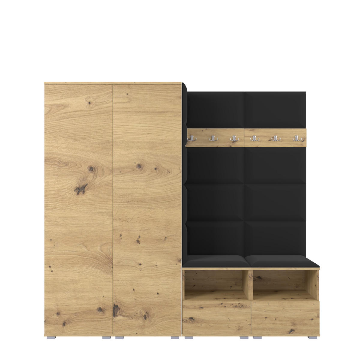 GARDEROBE NELA VI 200 cm (Kompaktgarderobe Artisan Eiche mit Sitzpolster Schwarz 16 Schrank & Paneel) - Silberfarben/Schwarz, Holz/Holzwerkstoff (200/187/40cm) - Ravio