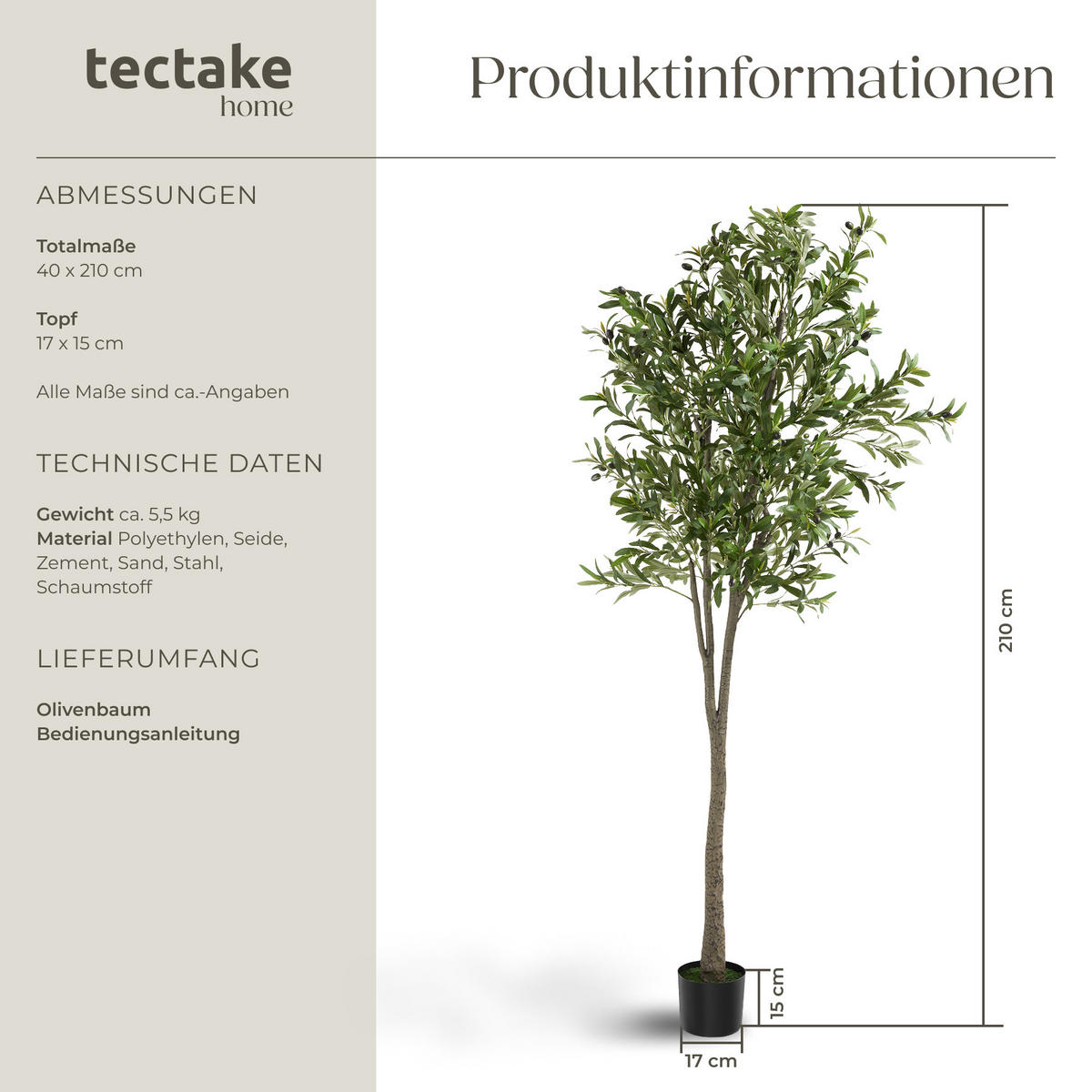 KÜNSTLICHER OLIVENBAUM Oleand, stabiler Kunststoff Blumentopf, grün - Grün, Kunststoff (210cm) - tectake