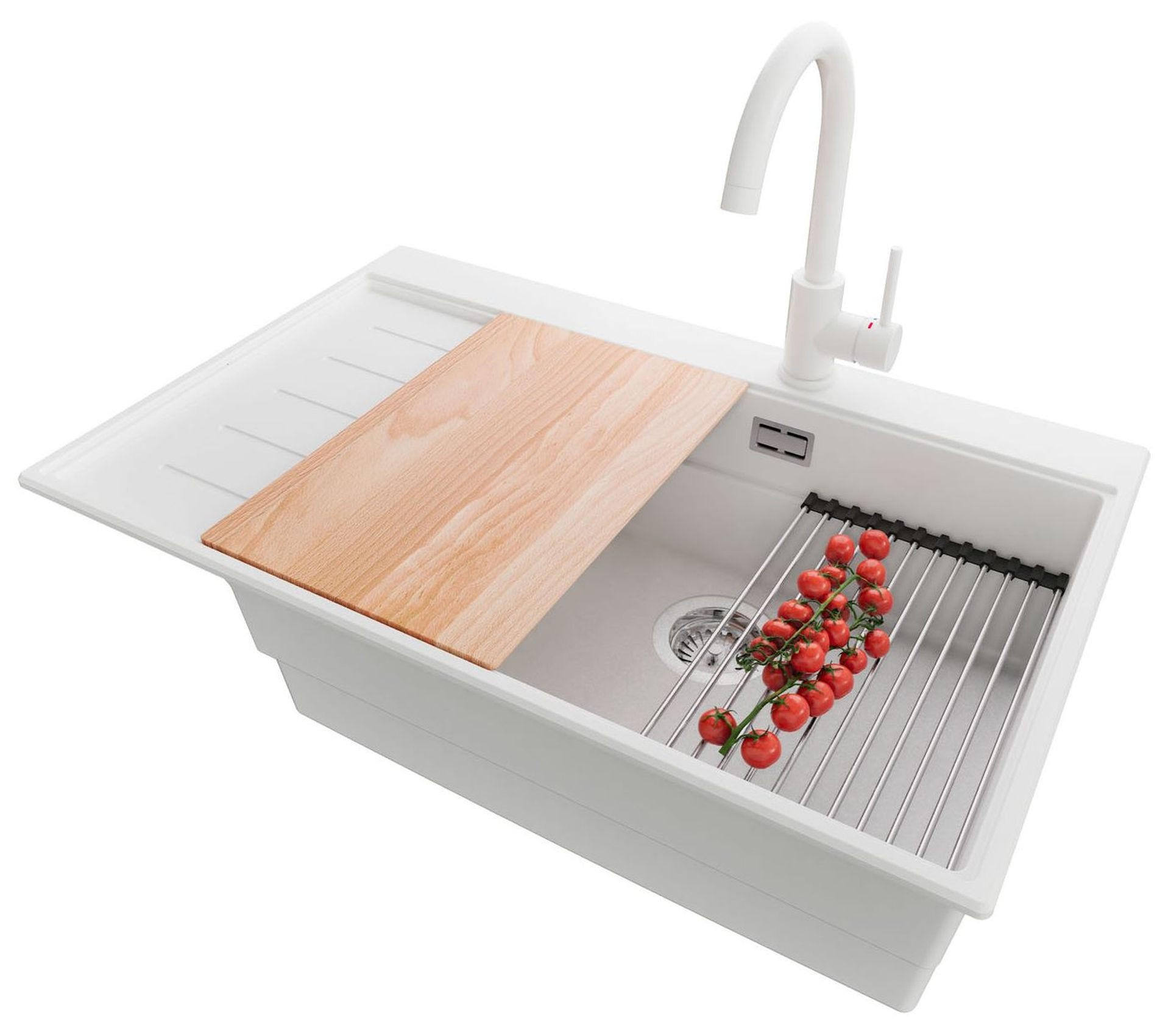 GRANITSPÜLE Sydney, 2-er set Weiß 78/50 cm 1 Becken + Küchenarmatur 32/20 cm + Ablauf-Set + Küchenzubehörset ab 60er Unterschrank - Chromfarben/Beige, Kunststoff (78/20/50cm) - Primagran