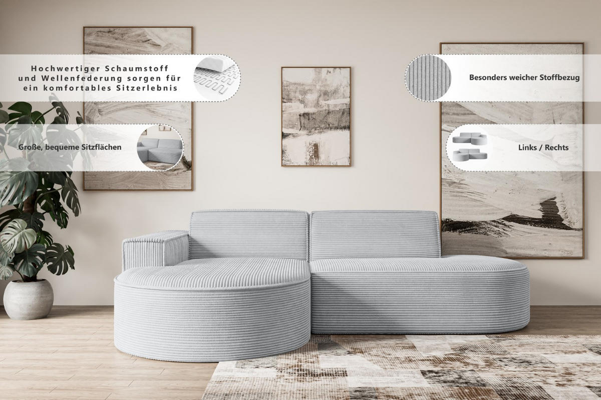 ECKSOFA Ottomane Links MARI-L1 - 232x163x81 cm Grau Cord - Schwarz/Grau, Holzwerkstoff/Kunststoff (163/234cm) - ALTDECOR