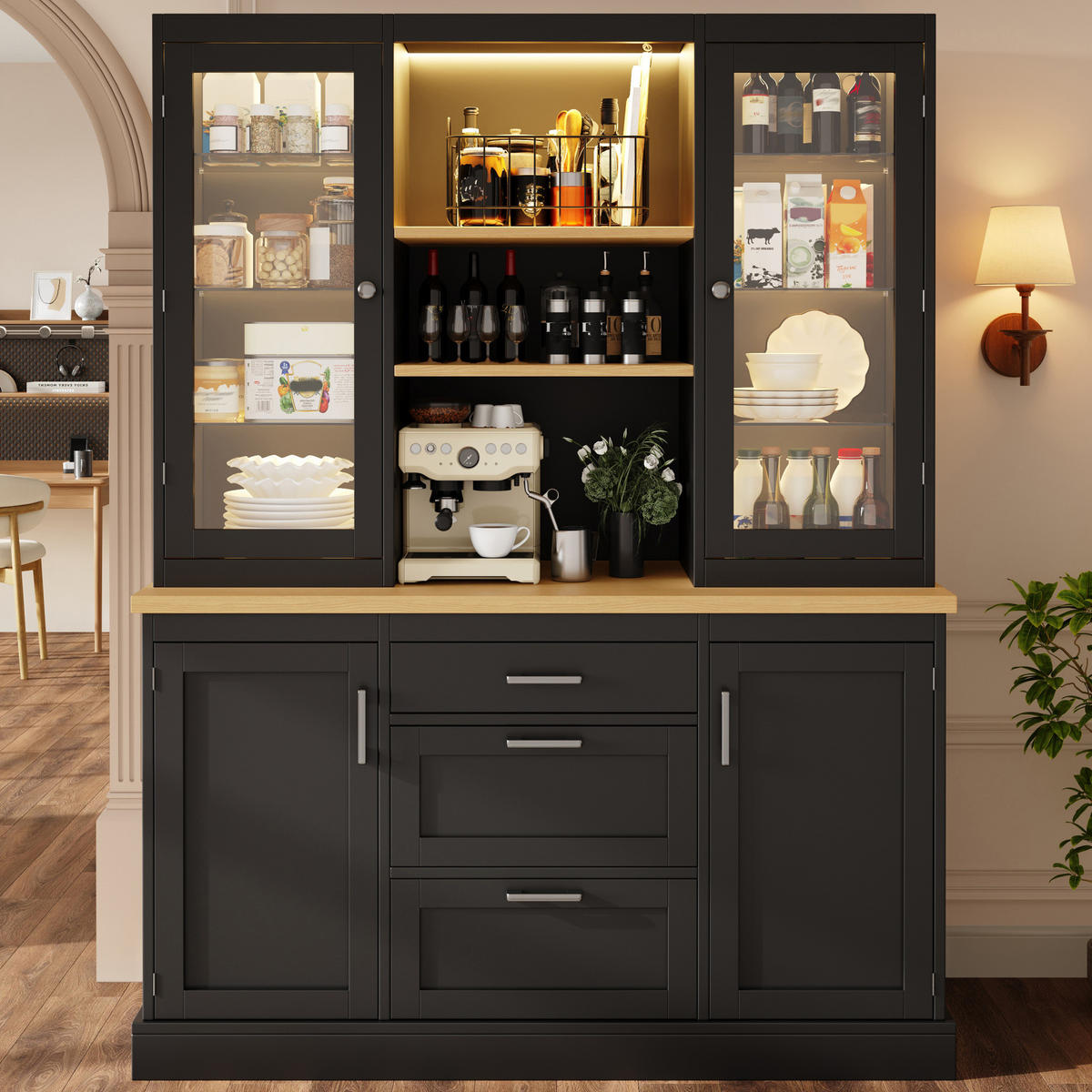 KÜCHENSCHRANK mit LED-Beleuchtung 140 x 40 x 185 cm MDF Schwarz - Schwarz, Holzwerkstoff (40/185/140cm) - Meubliv