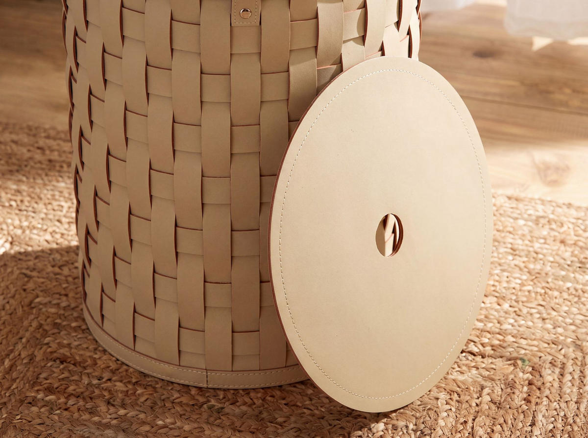 AUFBEWAHRUNGSKORB aus regeneriertem Leder in Sandfarbe mit Deckel Ø40/60 cm - Sandfarben, Leder (40/60/40cm) - ANGEL CERDA