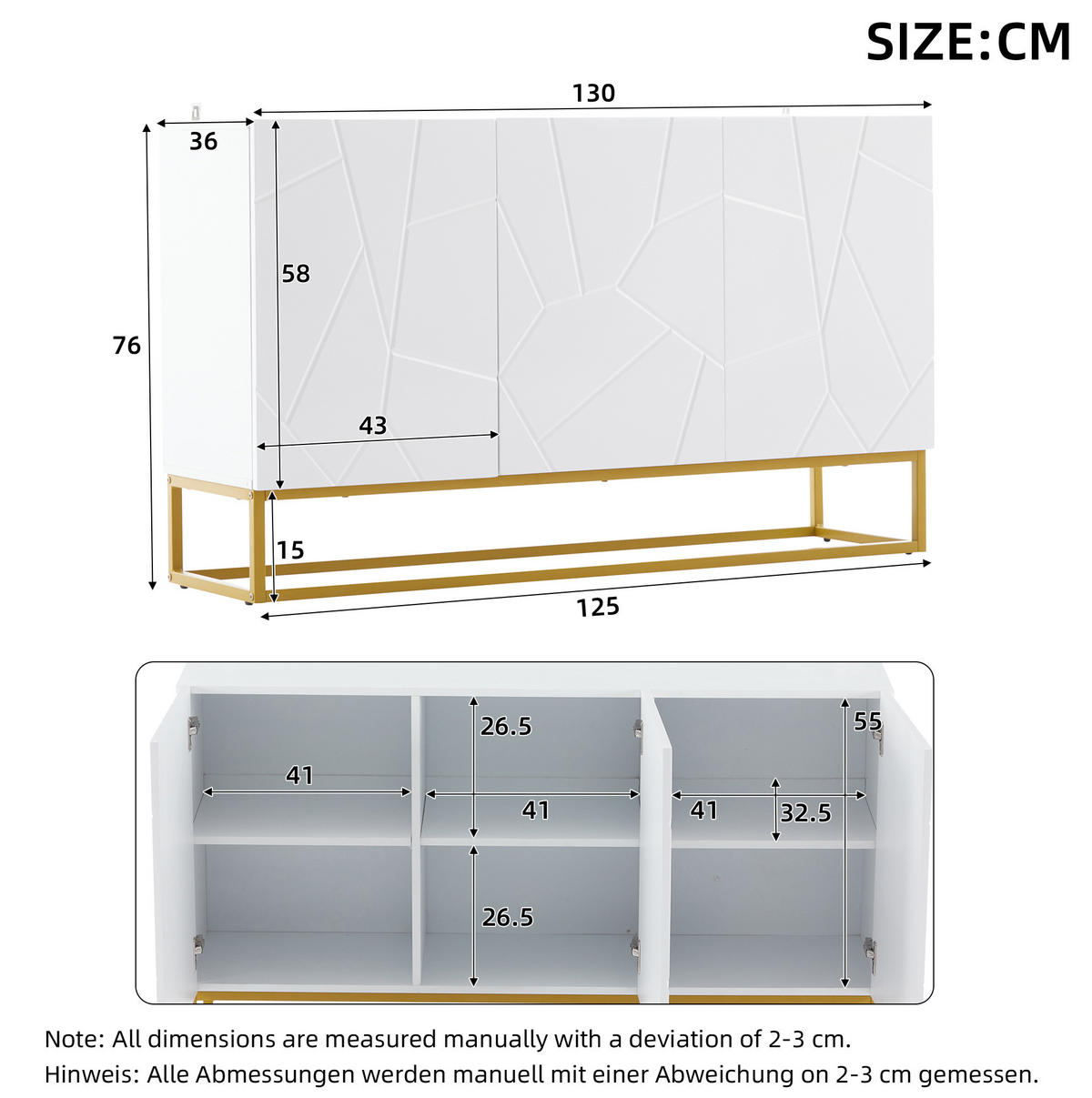 ANRICHTE Sideboard 130/38/76 cm aus Spanplatte mit Hochglanzfront und geriffeltem Design Weiß/Gold - Weiß, Holzwerkstoff (130/76/35cm) - Modenvie
