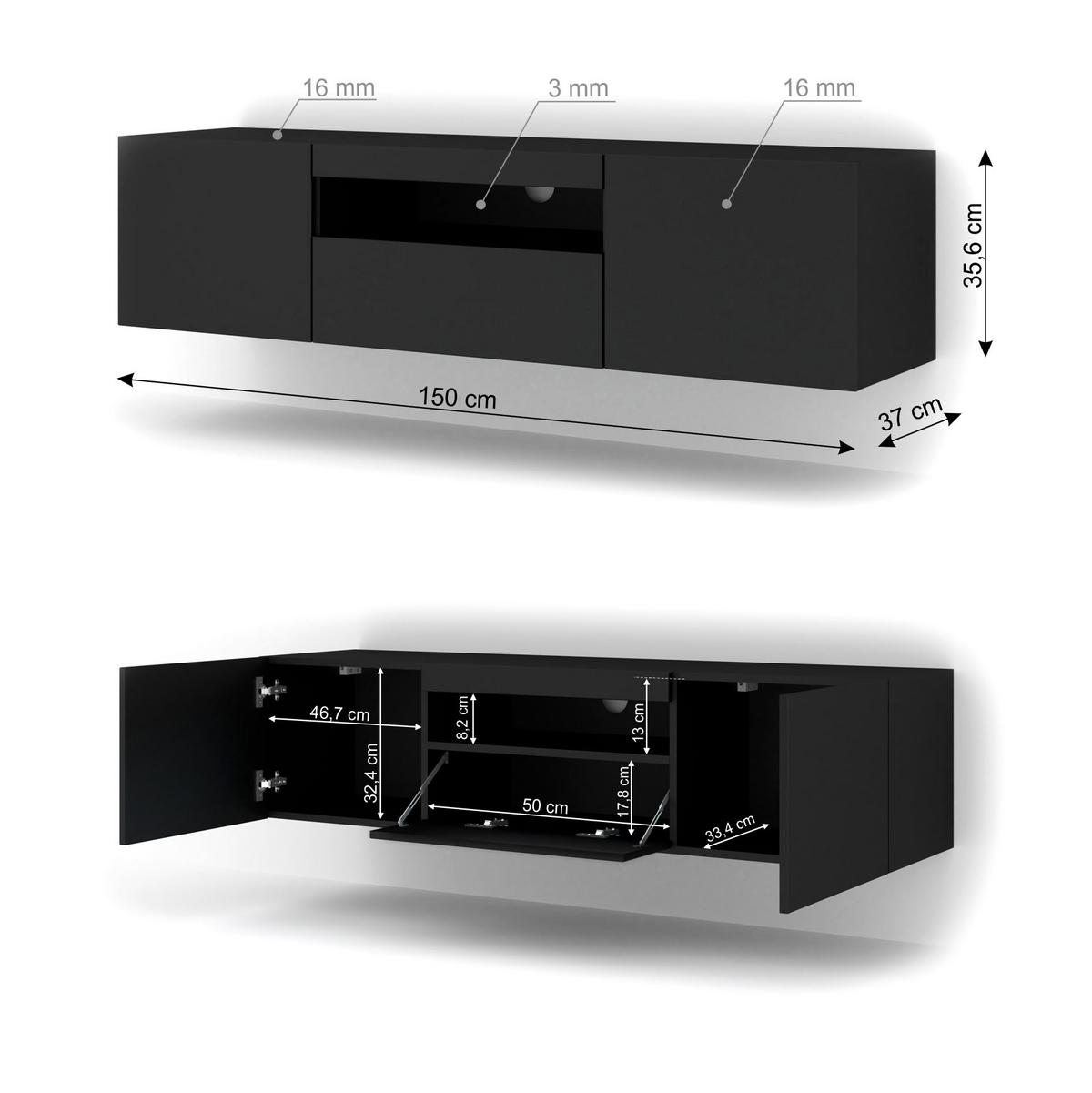 TV LOWBOARD Schwarz 150/42/37 - Schwarz, Holzwerkstoff (150/42/37cm) - RAUMHIRSCH FURNITURE