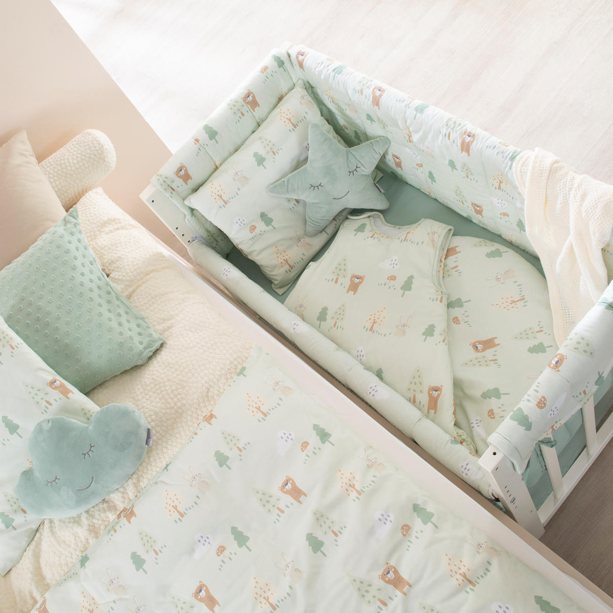 BEISTELLBETT Woodland Buddies 4in1 Set 90 x 45 cm - Weiß/Hellgrün, Holzwerkstoff/Textil (45/90cm) - Roba