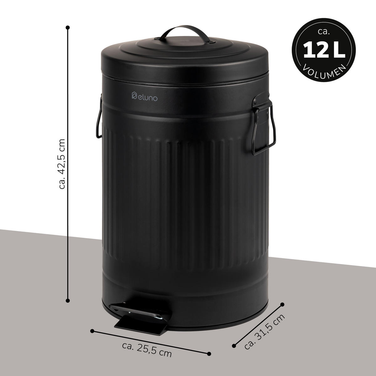 ABFALLEIMER Treteimer VINTAGE, 12 Liter, aus Metall, schwarz - Schwarz, Metall (25.5/42.5/25.5cm) - eluno
