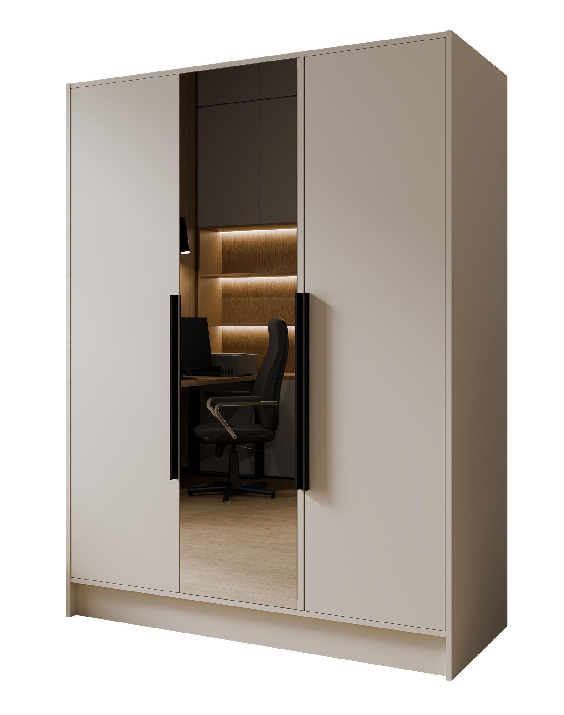 SCHRANK Kaschmir LUSO Mit Spiegel Und Schwarzen Griffen 150 g - Ecru, Holzwerkstoff (150/200/51cm) - Sepro Meble
