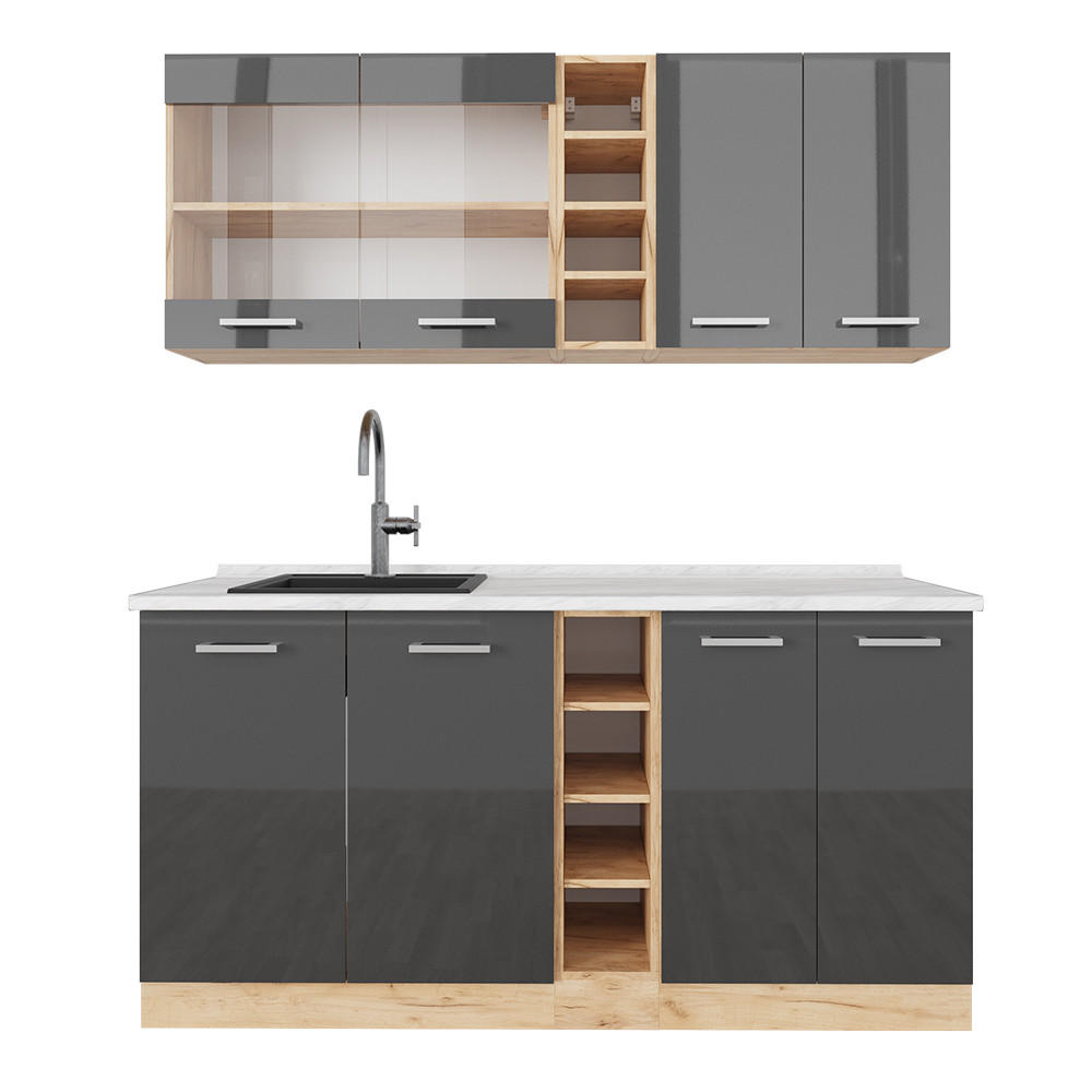SINGLEKÜCHE R-Line Anthrazit Hochglanz/Goldkraft Eiche 160 cm AP Marmor - Honigeiche/Anthrazit, Holzwerkstoff (160/81.6/60cm) - Vicco