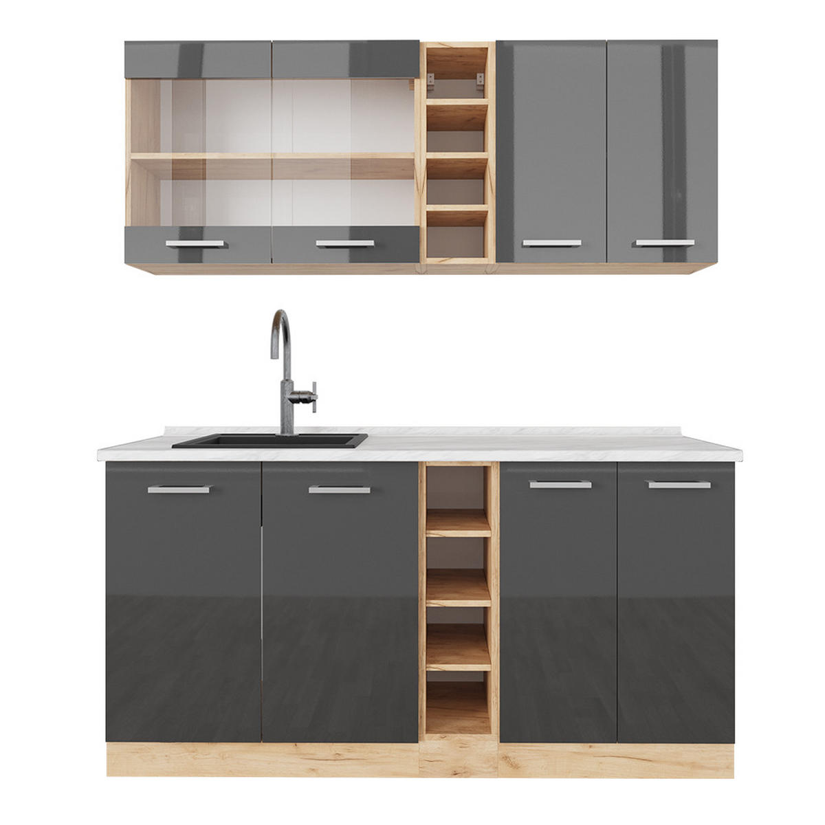 SINGLEKÜCHE R-Line Anthrazit Hochglanz/Goldkraft Eiche 160 cm AP Marmor - Honigeiche/Anthrazit, Holzwerkstoff (160/81.6/60cm) - Vicco