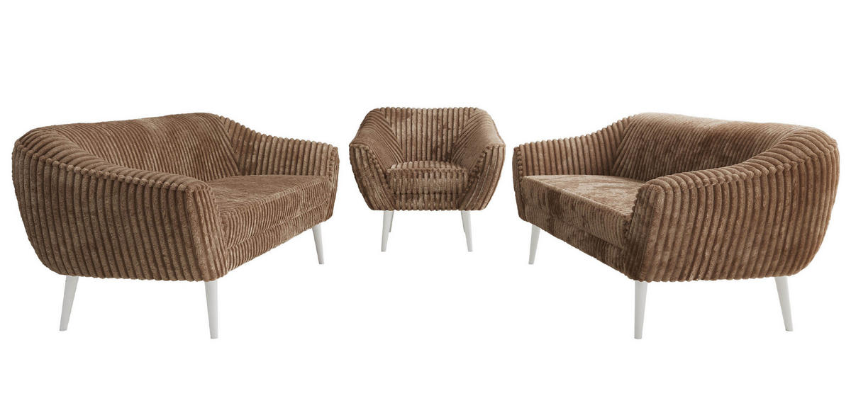 SITZGARNITUR PIRS 3+3+1 - Braun Cord - Weiße Beine - Braun/Weiß, Holzwerkstoff/Textil (180/75/74cm) - MKS