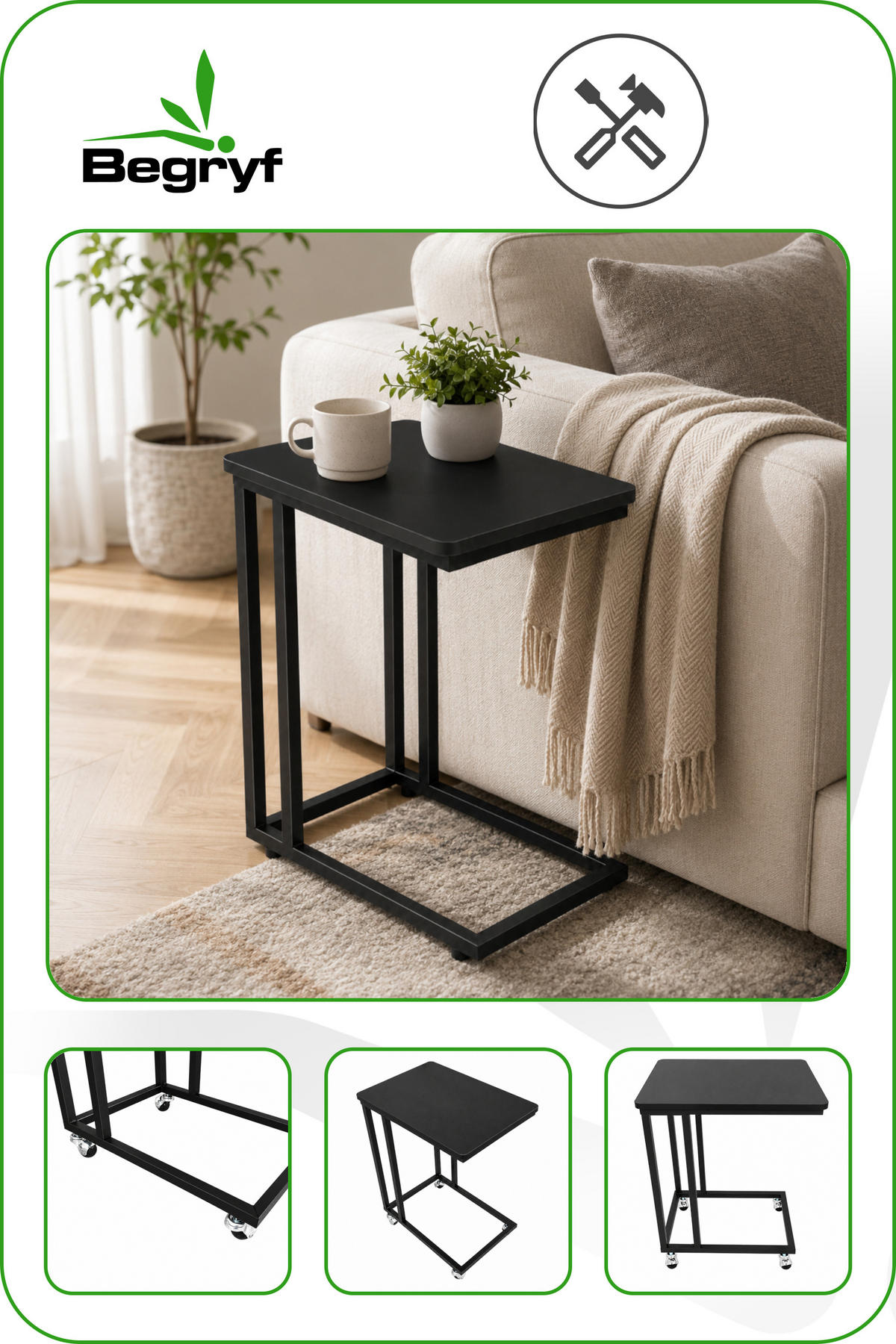 BEISTELLTISCH Metall MDF Schwarz mit Rollen oder Standfüßen 50x35x54 cm - Schwarz, Metall (50/35/54cm) - Begryf