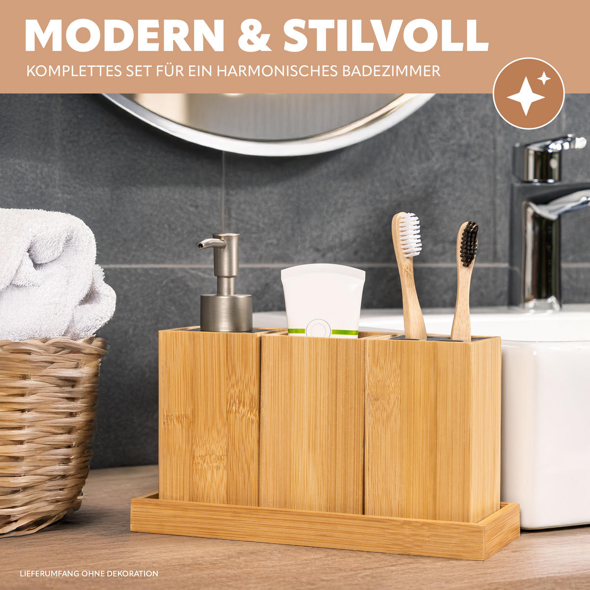 BADEZIMMER 4er-Set, Bambus - Braun, Holz (7/18/8cm) - bremermann
