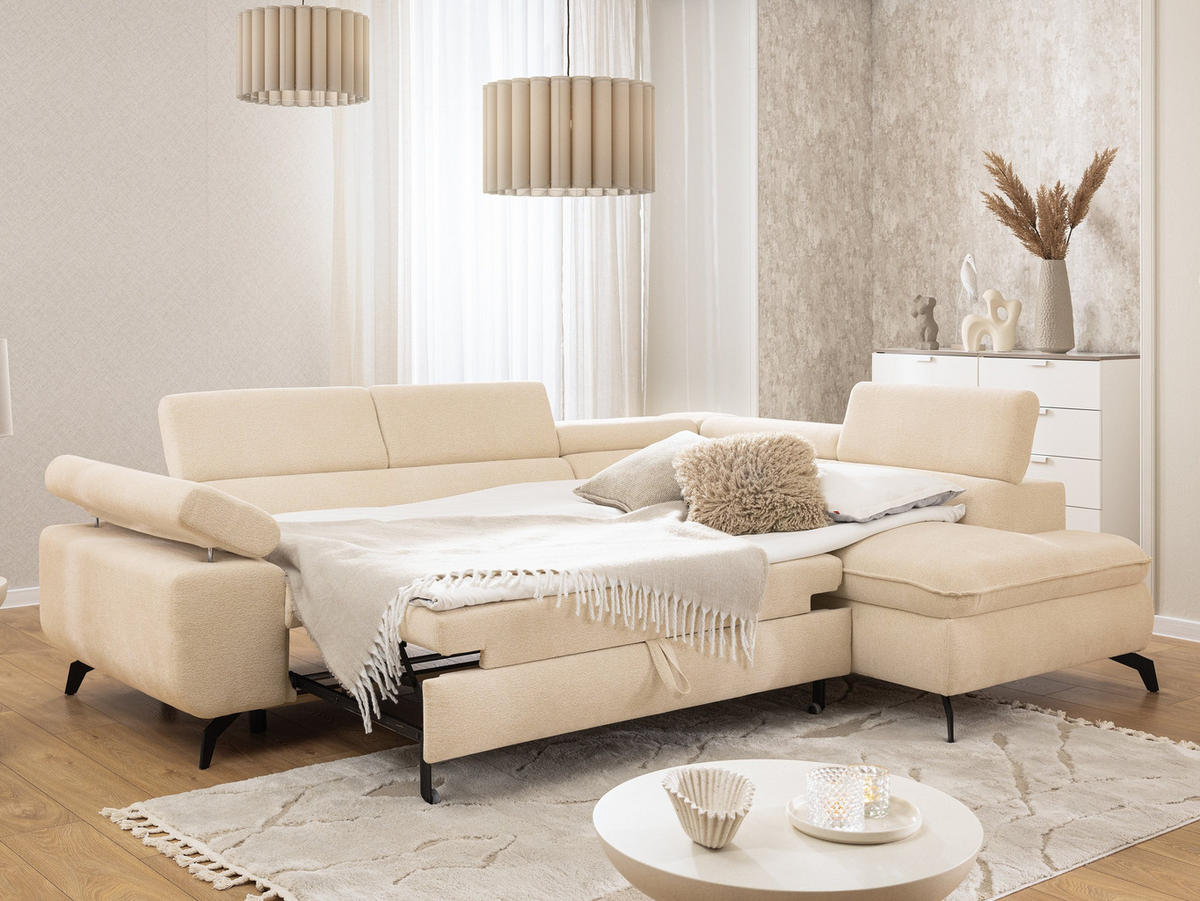 ECKSOFA mit Schlaffunktion und Bettkasten Bonnie aus Creme Chenille-Stoff mit verstellbaren Kopfstützen und Armlehne - Ottomane rechts - Creme/Schwarz, Holz/Textil (275/210cm) - S-Style Möbel