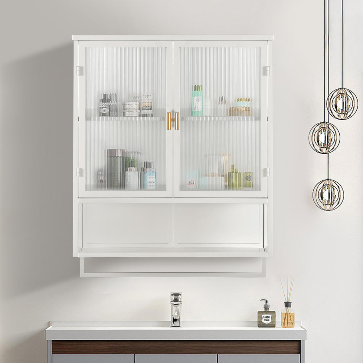 KÜCHENOBERSCHRANK 60x23x78 cm Weiß aus Glas & Metall mit geriffeltem Glas & offenen Ablagen - Weiß, Glas (60/78/23cm) - Modfu