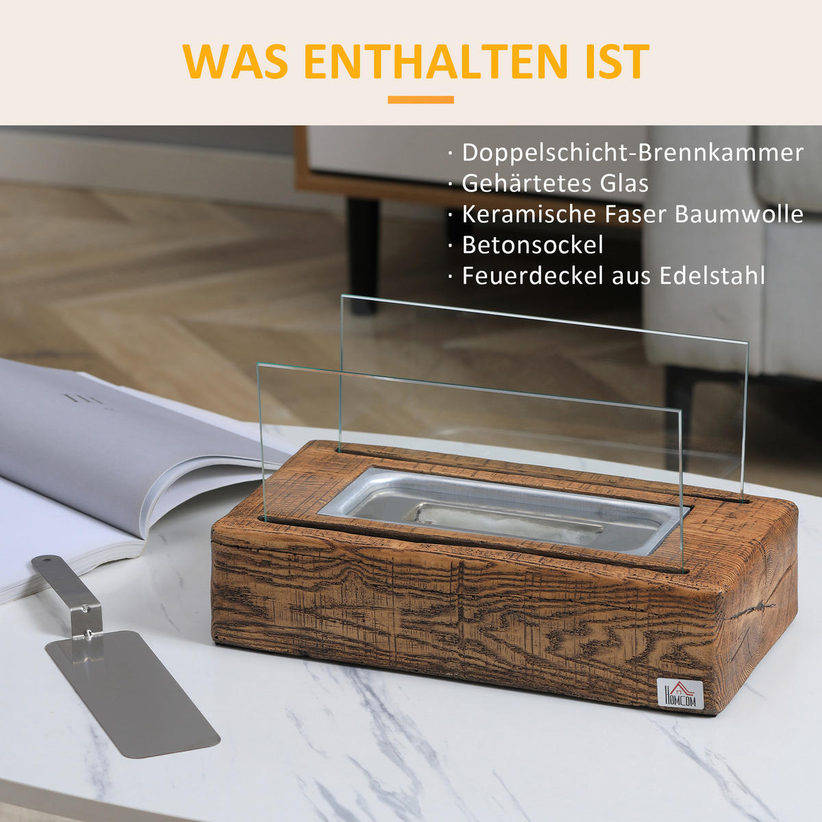 ETHANOL-KAMIN Tischkamin Tischfeuer Bio-Ethanol-Brenner Gehärtetes Glas Natur - Naturfarben, Metall (16/18/33cm) - HOMCOM