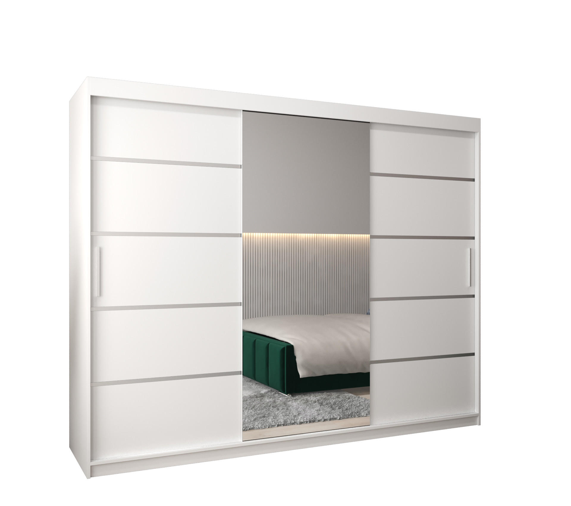 Möbel Kryspol Schwebetürenschrank Weiß, Silber 250x200x62 cm