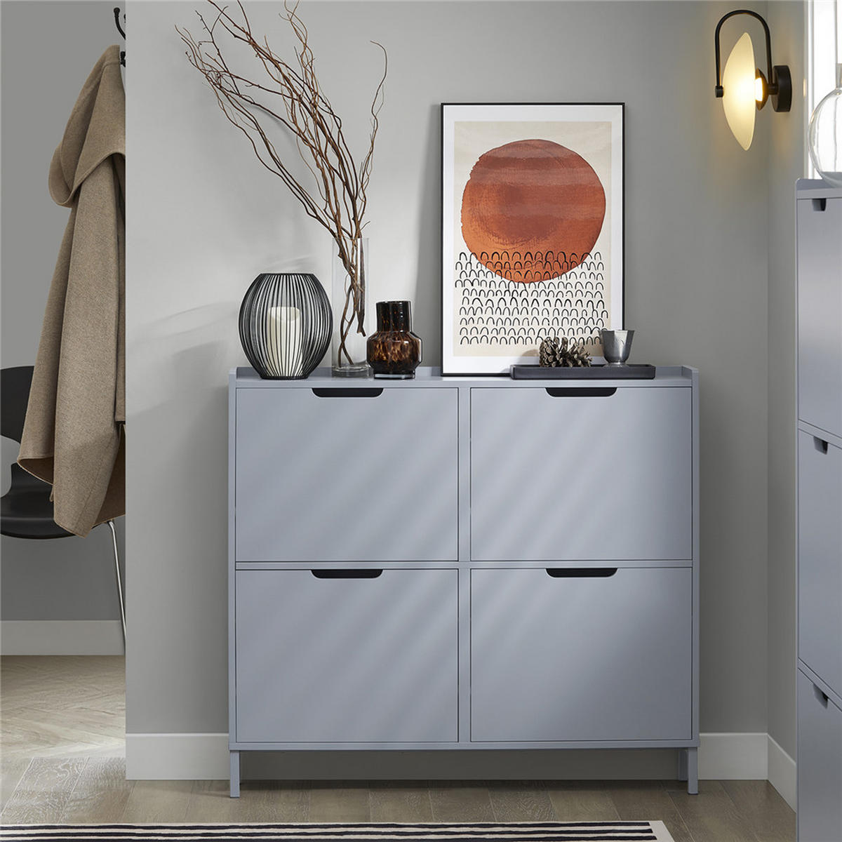 SCHUHKIPPER 4 Klappen schmal mit 8 Ablageflächen - Grau, Metall (100/90/19cm) - Kaket