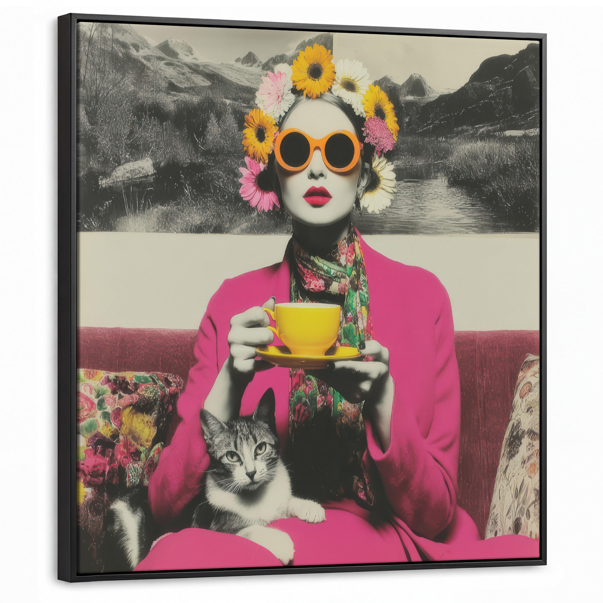LEINWAND Bilder mit Rahmen - Frau - Katze - Blumen - Tasse - Retro - 90x90 - Magenta, Textil (90/90cm) - MuchoWow
