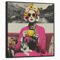 LEINWAND Bilder mit Rahmen - Frau - Katze - Blumen - Tasse - Retro - 90x90 - Magenta, Textil (90/90cm) - MuchoWow