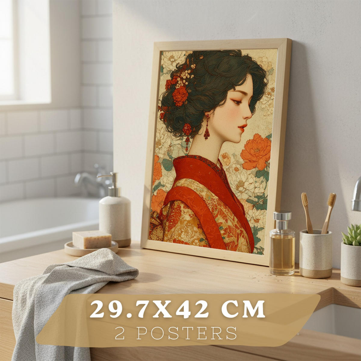 PLAKÁT Sada 2 dekorativních koupelna-Kunstdrucke japonském pro hůlku Sprcha Toilette mit Orientalischem Drachen & Frau Lehký dřevěný rám A3 - béžová, papír (42/29.7/3cm) - Nacnic