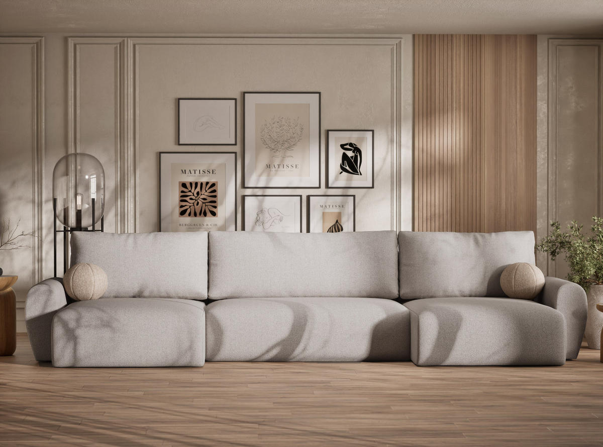 WOHNLANDSCHAFT MIT SCHLAFFUNKTION Numba Beige Webstoff - Schwarz/Grau, Holz/Holzwerkstoff (397/70/153cm) - Maison de Reve