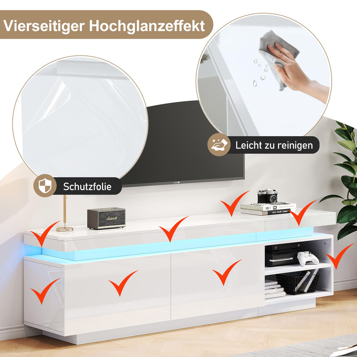 LOWBOARD mit LED-Beleuchtung, 2 Türen, Kabelmanagement und Hochglanz-Design 170/35/50 cm - Weiß, Holzwerkstoff (170/50/35cm) - EVRYAE