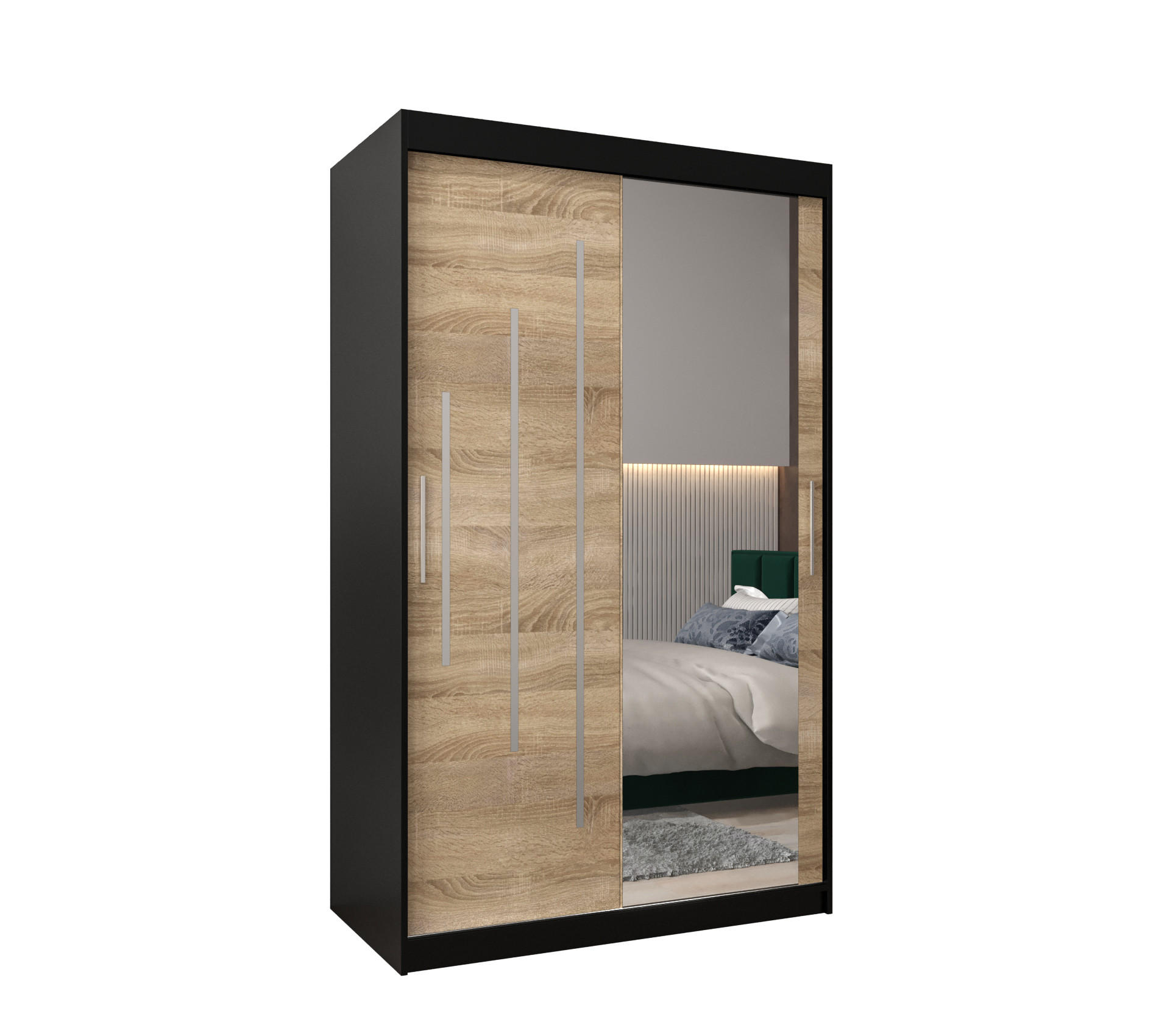 Abiks Möbel Schwebetürenschrank Schwarz, Sonoma Eiche 120x200x62 cm