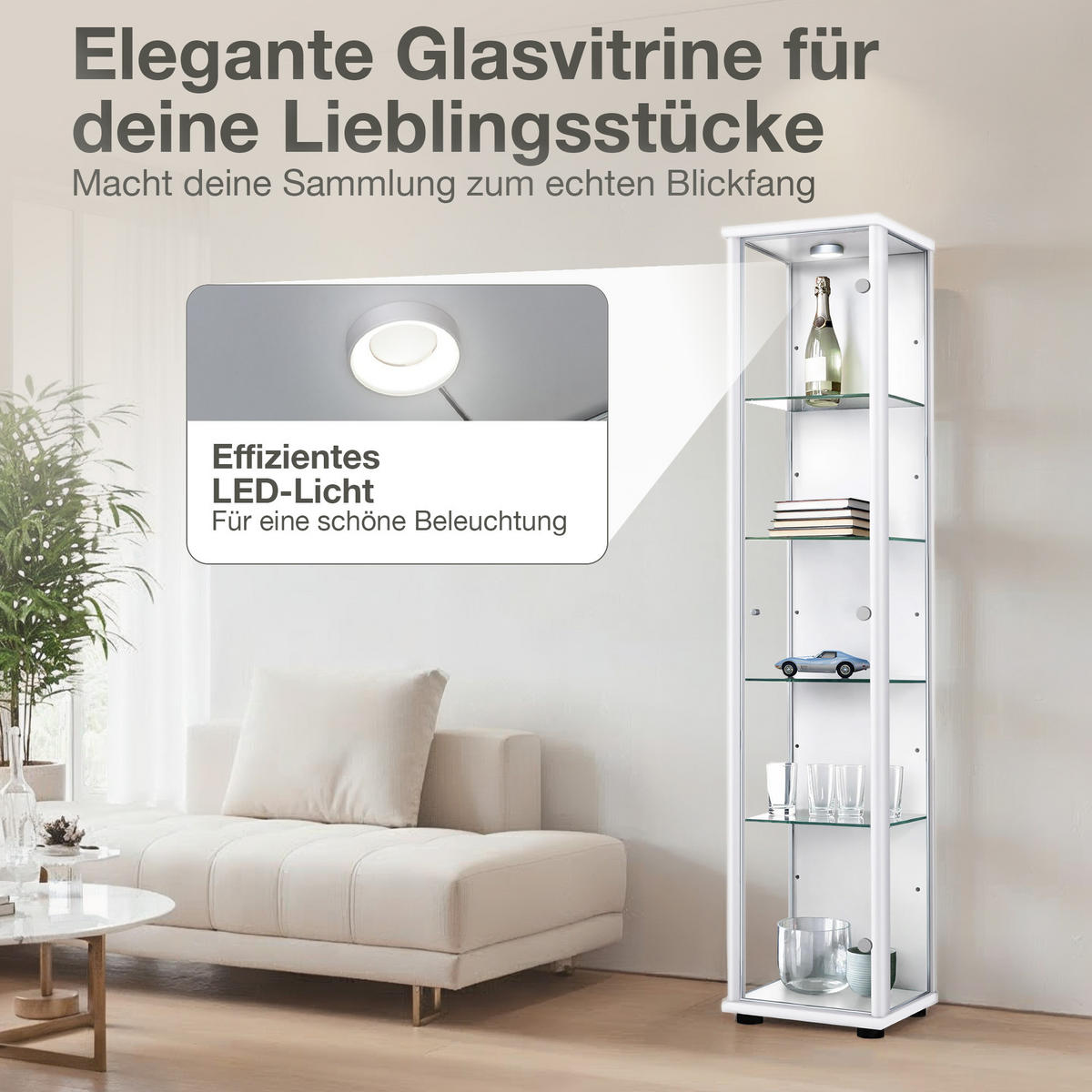 GLASVITRINE 33/37/176 cm mit LED & 4 höhenverstellbaren Glasböden - Transparent/Silberfarben, Glas/Holzwerkstoff (37/176/33cm) - K-Möbel