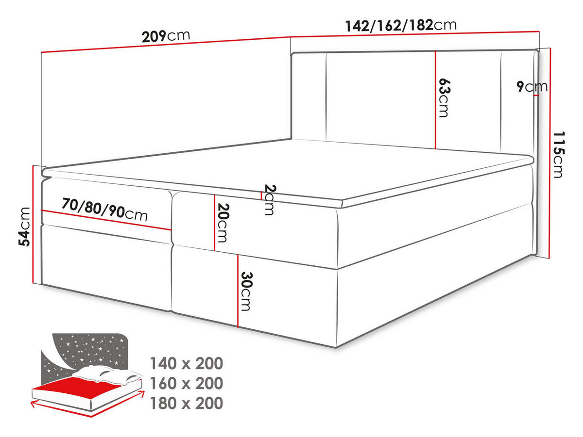 BOXBETT Michelle 140x200 - H3 - Creme/Schwarz, Holzwerkstoff/Kunststoff (140/200cm) - MIRJAN24