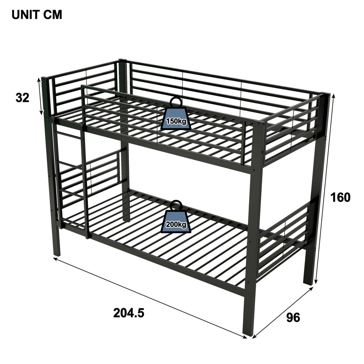 ETAGENBETT aus Metall 90x200 cm Schwarz mit beidseitig montierbarer Leiter - Schwarz, Metall (90/200cm) - Modfu