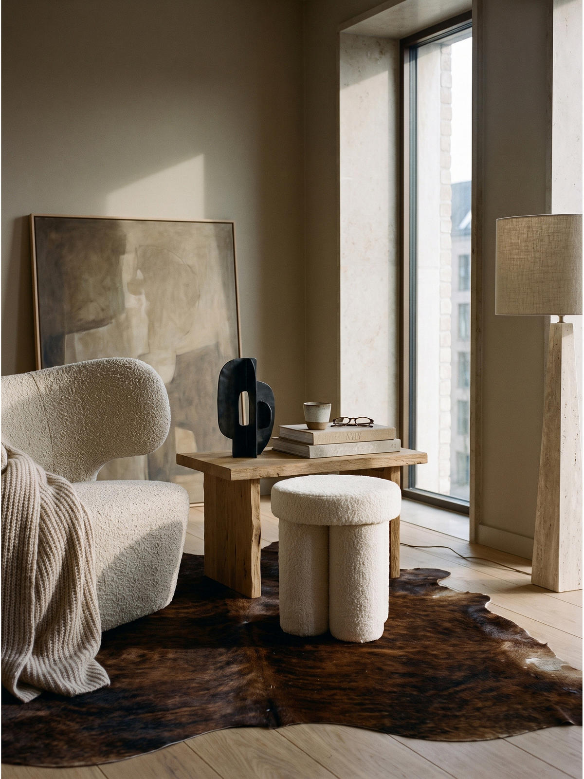 SITZHOCKER AVEN, Teddystoff, mit Textilbezug, Creme, Ø 40 x 45 cm - Beige/Creme, Textil (40/45/40cm) - KADIMA DESIGN