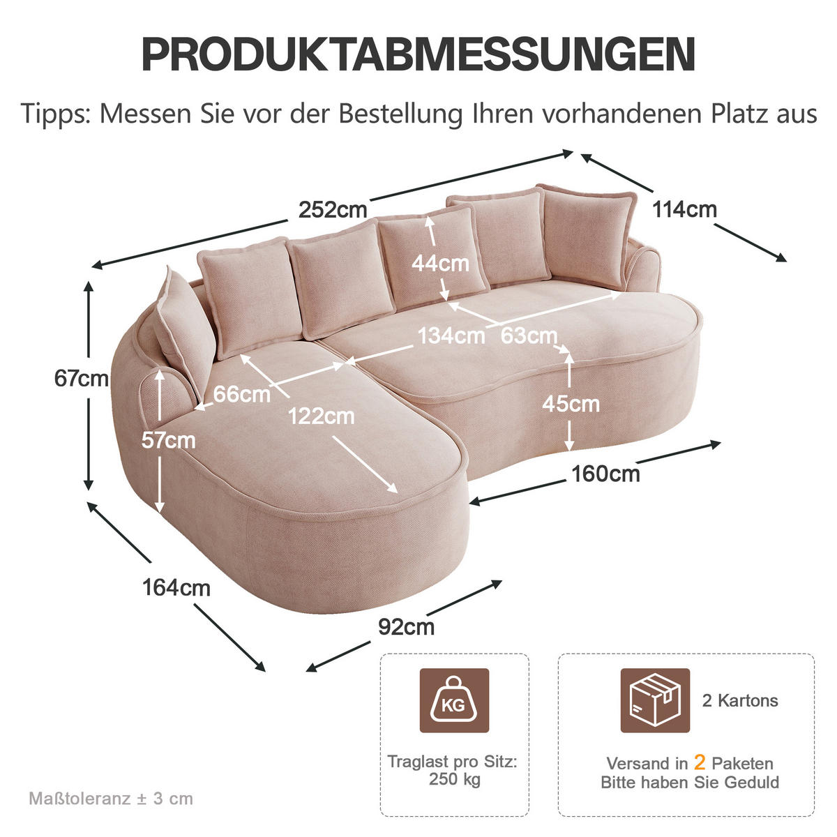 ECKSOFA DE-34260 mit Chaiselongue und Kissen Rosa - Pink, Textil (164/252cm) - ComfortXL
